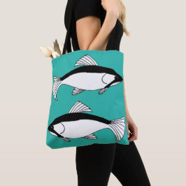 ティール(緑がかった色)魚手描き鮭 トートバッグ