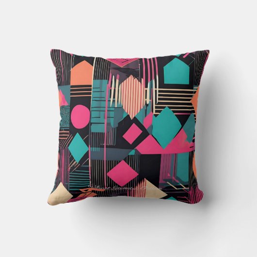 ティール(緑がかった色)鮮やかとマスタード幾何学模様 クッション (裏面)