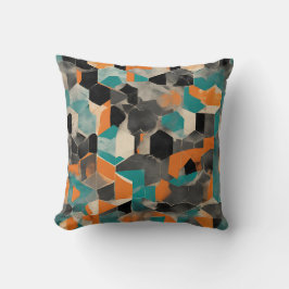 ティール(緑がかった色)鮮やかとマスタード幾何学模様 クッション