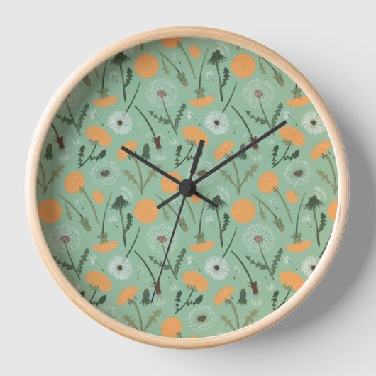 ティール（緑がかった色）鮮やかオレンジダンデリオンボタニカルフローラ 壁時計 (正面)