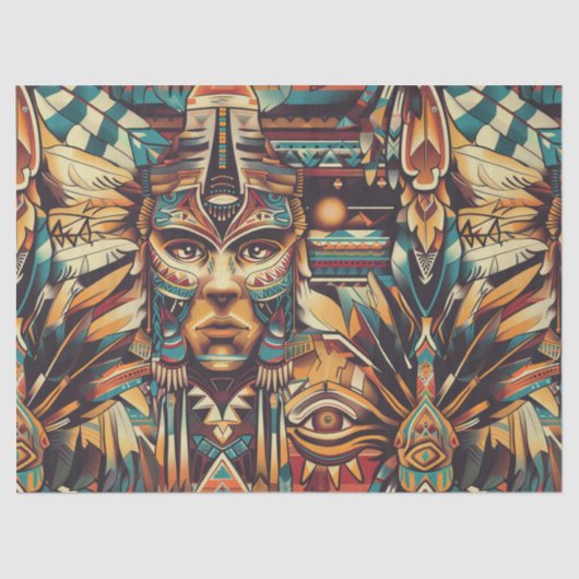 ティール（緑がかった色）「鮮やかメソアメリカンモチーフ」ラップ組織テープ 薄葉紙 (正面)