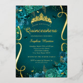 ティール（緑がかった色）鮮やか金ゴールドフローラバタフライキンセアニェラ 箔招待状 (正面)
