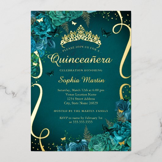 ティール（緑がかった色）鮮やか金ゴールドフローラバタフライキンセアニェラ 箔招待状 (正面)