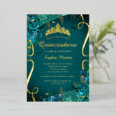 ティール（緑がかった色）鮮やか金ゴールドフローラバタフライキンセアニェラ 箔招待状 (立ち正面)