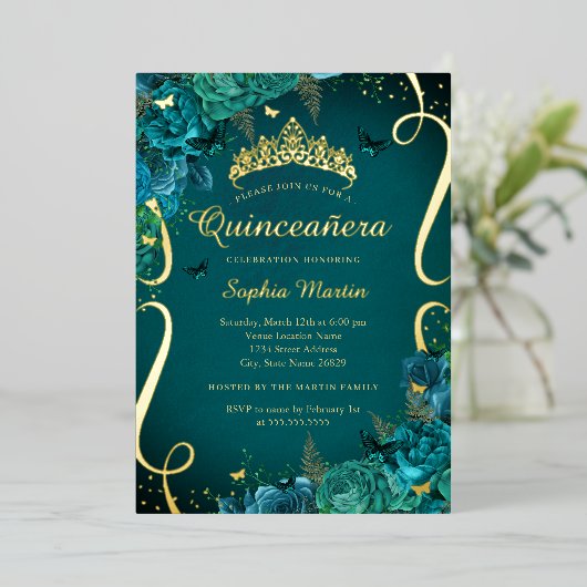 ティール（緑がかった色）鮮やか金ゴールドフローラバタフライキンセアニェラ 箔招待状 (立ち正面)