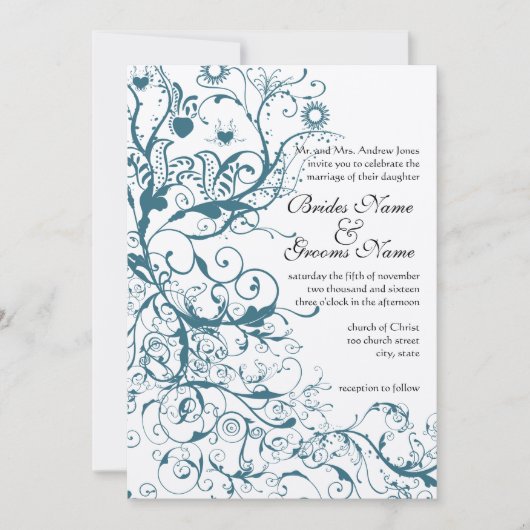 ティール（緑がかった色）鳥と渦巻き結婚式招待状 招待状 (正面)