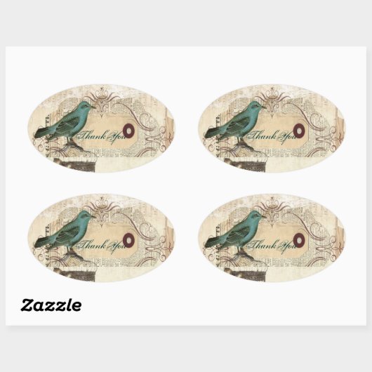 ティール(緑がかった色)鳥ヴィンテージフローラ結婚植物学 楕円形シール (シート)