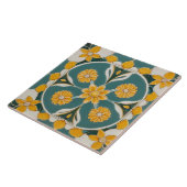 ティール(緑がかった色)黄色い花幾何学的フローラ タイル (側面)