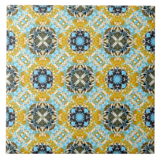 ティール（緑がかった色）、黄色、灰色のひし形と正方形 タイル (正面)