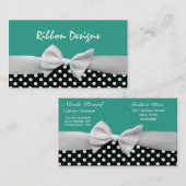 ティール（緑がかった色）、黒く及び白いリボンの弓および水玉模様 名刺 (正面/裏面)