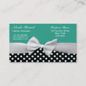 ティール（緑がかった色）、黒く及び白いリボンの弓および水玉模様 名刺 (裏面)