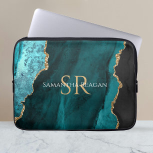 ティール(緑がかった色)、黒と金ゴールドAgate、DIY Name & Monogram ラップトップスリーブ