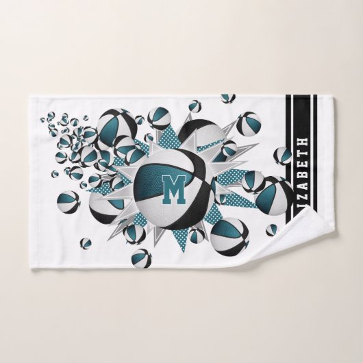 ティール（緑がかった色）黒のバスケットボールは女の子をスターモノグラムのズ ハンドタオル (ハンドタオル)