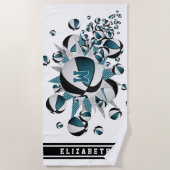 ティール（緑がかった色）黒のバスケットボールは女の子をスターモノグラムのズ ビーチタオル (正面)