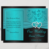 ティール(緑がかった色)、黒フローラ結合ハート結婚式 プログラム (正面/裏面)