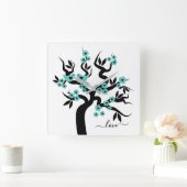 ティール（緑がかった色）、黒恋鳥さくらんぼの木と花 スクエア壁時計 (ホーム)