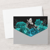 ティール(緑がかった色)黒銀バラエレガントチョウ オールインワン招待状 (裏面)