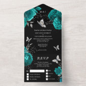 ティール(緑がかった色)黒銀バラエレガントチョウ オールインワン招待状 (内側)