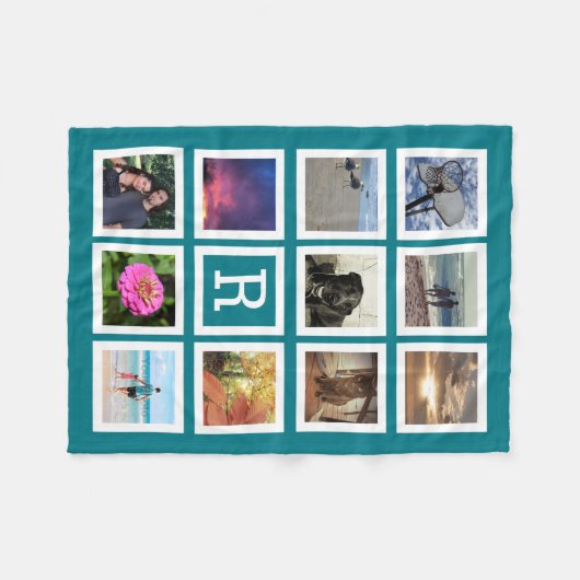 ティール（緑がかった色）11フォトコラージモザイクスクウェア枠モノグラム フリースブランケット (正面(横))