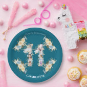ティール（緑がかった色）11誕生日フォトコラージュ黄花 ペーパープレート (パーティー)