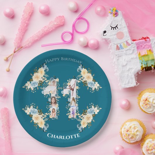 ティール(緑がかった色)11誕生日フォトコラージュ黄花 ペーパープレート (パーティー)
