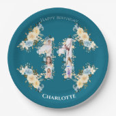 ティール（緑がかった色）11誕生日フォトコラージュ黄花 ペーパープレート (正面)