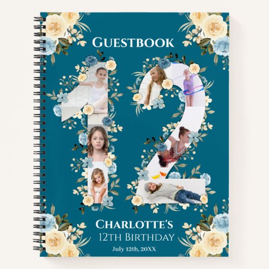 ティール（緑がかった色）12誕生日フォトイエローフラワーゲストブック ノートブック (正面)