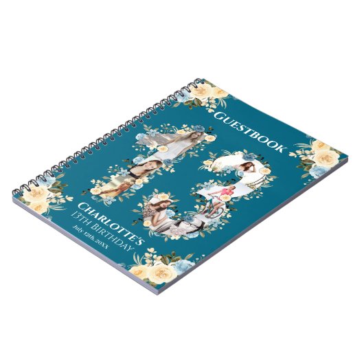 ティール(緑がかった色)13誕生日フォトイエローフラワーゲストブック ノートブック (左側)