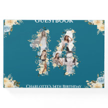 ティール（緑がかった色）14誕生日フォトコラージイエローフラワー