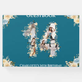 ティール（緑がかった色）14誕生日フォトコラージイエローフラワー ゲストブック