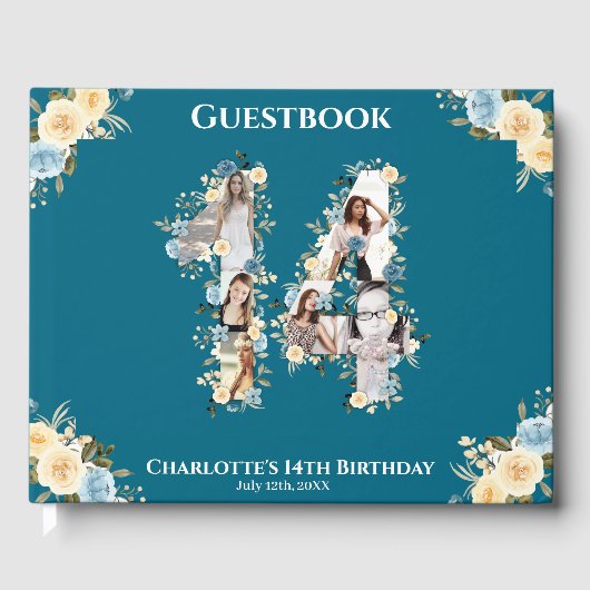 ティール（緑がかった色）14誕生日フォトコラージイエローフラワー ゲストブック (正面)
