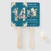 ティール（緑がかった色）14誕生日フォトコラージイエローフラワー ハンドファン (正面&裏面)