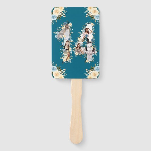 ティール（緑がかった色）14誕生日フォトコラージイエローフラワー ハンドファン (正面)