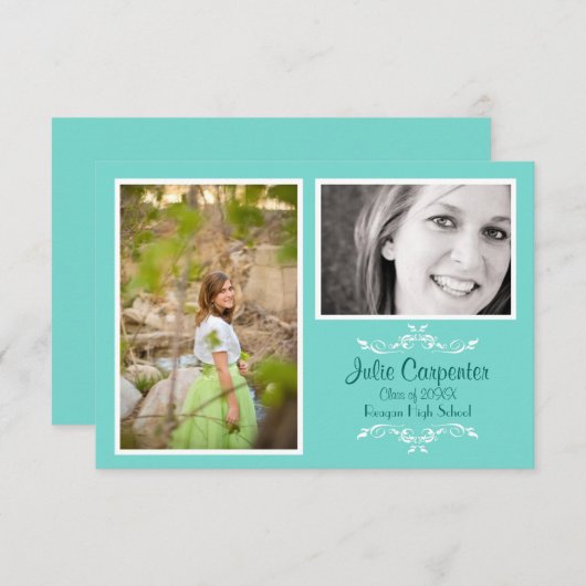 ティール（緑がかった色）2フォトシンプルコラージュ – 3 x 5グラードアナウンス 招待状 (正面/裏面)