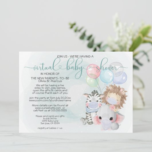 ティール（緑がかった色）3かわいい動物のマスク仮想ベビーシャワー 招待状 (スタンド正面)