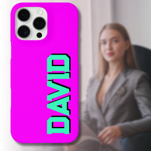 ティール（緑がかった色）3D黒モダン名   ネオンおもしろいマゼンタ iPhone 16 PRO MAXケース