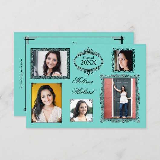 ティール(緑がかった色)5のフレーム/写真 – 3 x 5のGRADアナウンス 招待状 (正面/裏面)