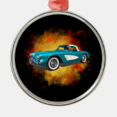 ティール（緑がかった色）59コルベット車の赤い爆発背景 メタルオーナメント (正面)