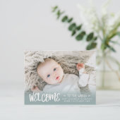 ティール(緑がかった色)BurlapようこそWorld Photo誕生 案内ポストカード (スタンド正面)