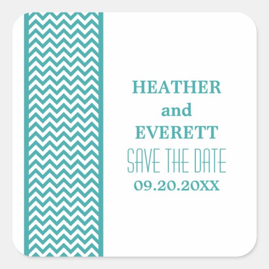 ティール(緑がかった色)Chevron 縁ど Save the Date Stickers スクエアシール (正面)