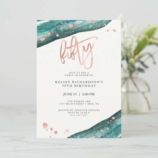 ティール(緑がかった色) Geodeおよびのどのばら色の金ゴールドは|の第50誕生日を見ます 招待状 (スタンド正面)