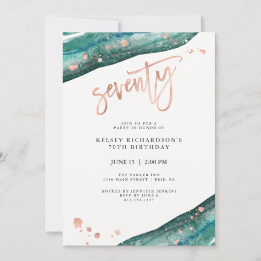 ティール(緑がかった色) Geodeおよびのどのばら色の金ゴールドは|の第70誕生日を見ます 招待状 (正面)