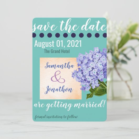 ティール（緑がかった色）Hydrangea Save the Date's 結婚 Card（日付のカ セーブザデート (スタンド正面)