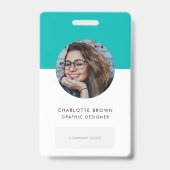 ティール（緑がかった色）IDカード |写真モダン名ロ企業のゴQR バッジ (正面)