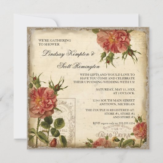 ティール(緑がかった色)nクリームヴィンテージエッフェルタワーカップルシャワー 招待状 (正面)