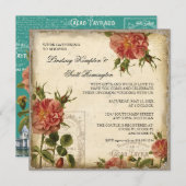 ティール(緑がかった色)nクリームヴィンテージエッフェルタワーカップルシャワー 招待状 (正面/裏面)