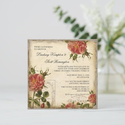 ティール（緑がかった色）nクリームヴィンテージエッフェルタワーカップルシャワー 招待状 (スタンド正面)