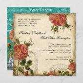 ティール(緑がかった色)nクリームヴィンテージエッフェルタワー日付を保存 招待状 (正面/裏面)