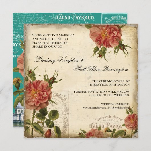 ティール(緑がかった色)nクリームヴィンテージエッフェルタワー日付を保存 招待状 (正面/裏面)