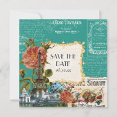 ティール(緑がかった色)nクリームヴィンテージエッフェルタワー日付を保存 招待状 (裏面)